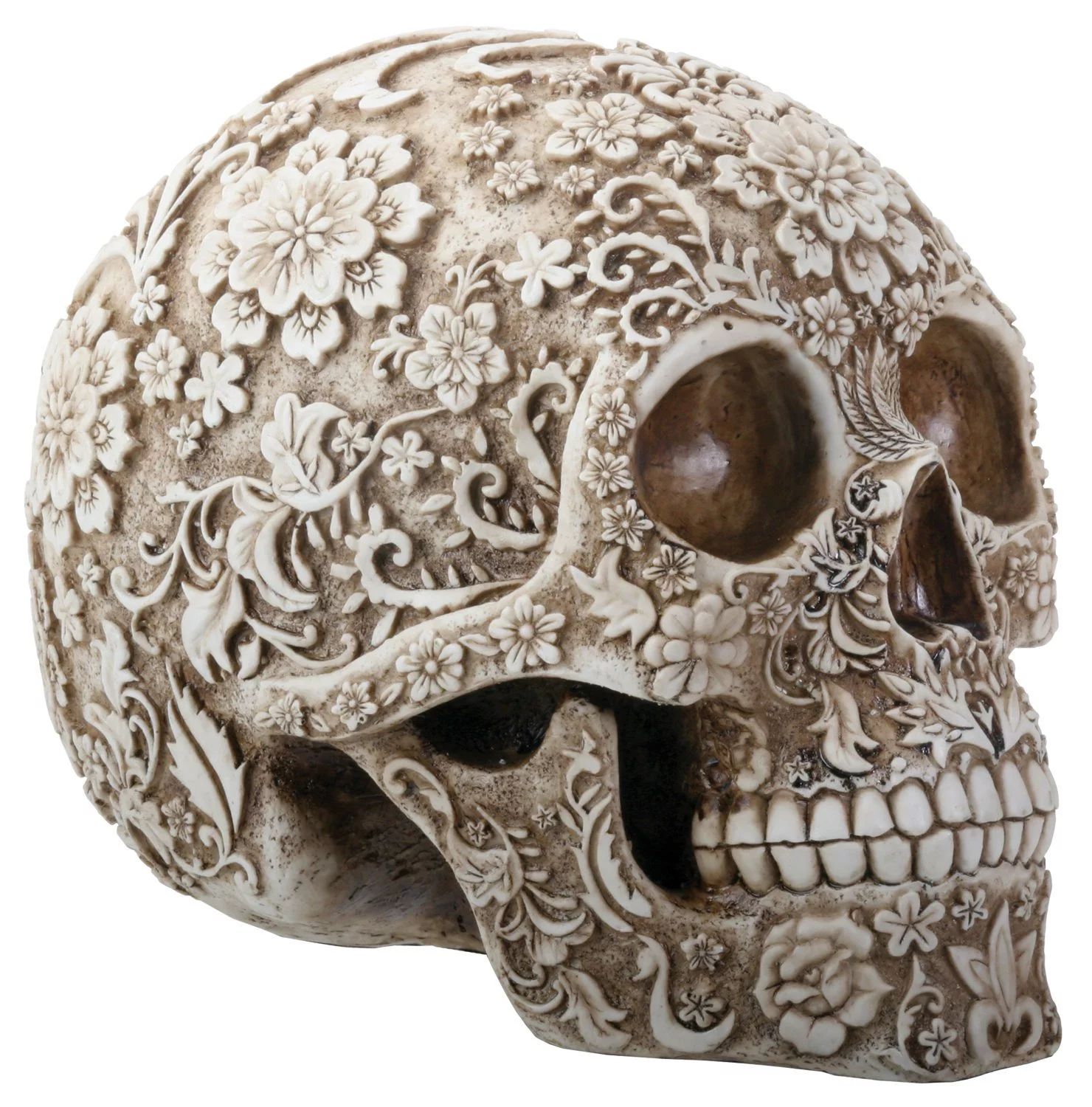 Natural Colored Floral Human Skull Day of the Dead Dia de Los Muertos Figurine | Walmart (US)