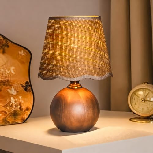 11.4" Modern Wooden Bedside Table Lamp, Small Nightstand Desk Lamp with Fabric Shade, Warm Ambien... | Amazon (US)