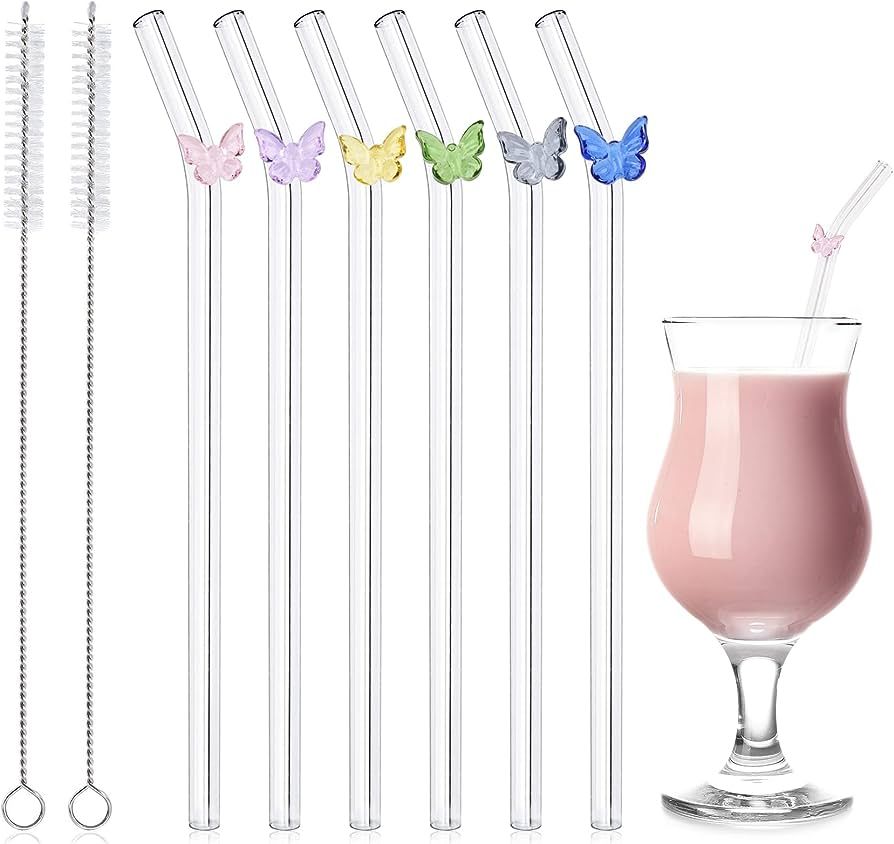 6 Pcs Reusable Glass Straws with 2 Cleaning Brushes, Cute Colorful Butterfly Glass Straws Shatter... | Amazon (US)