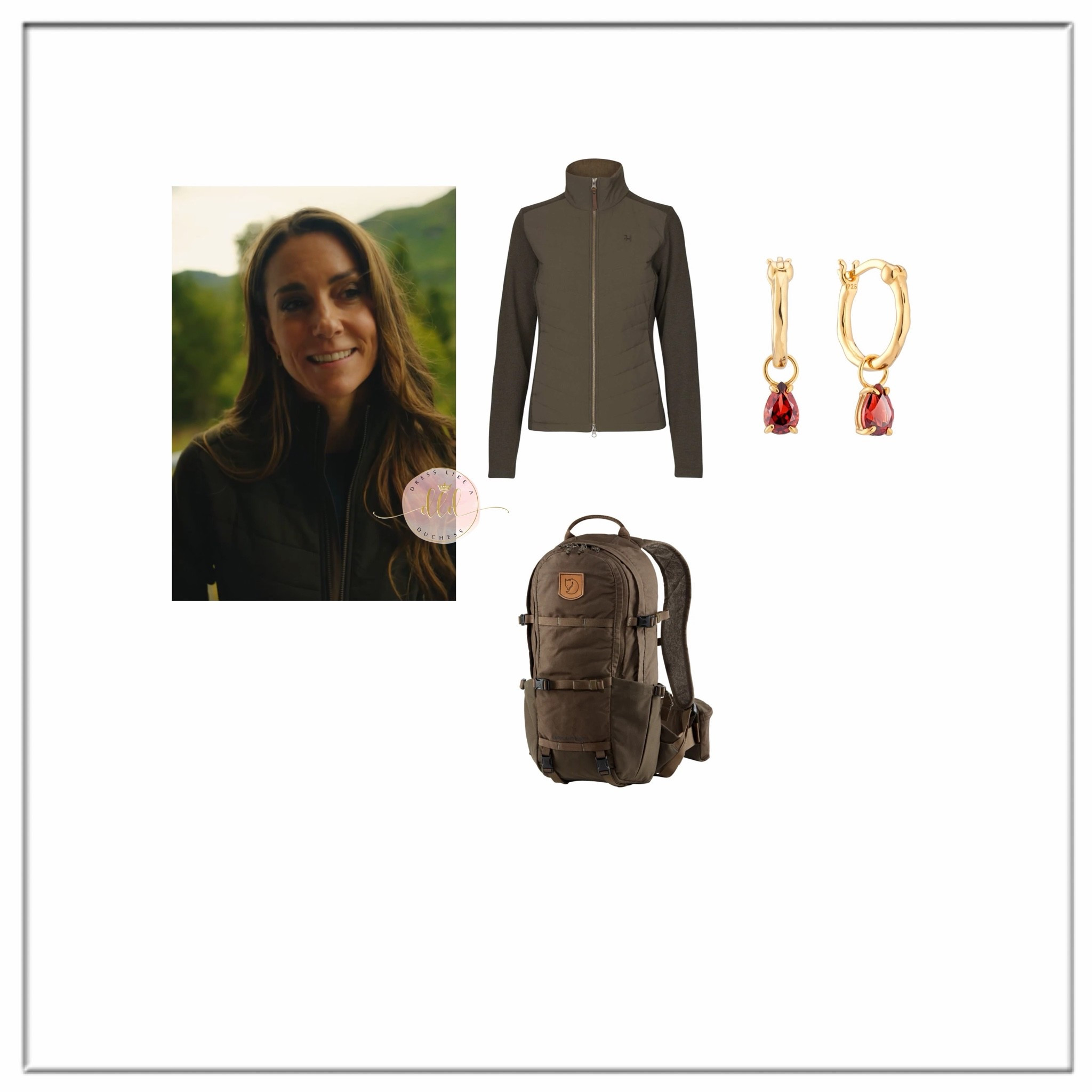 6/28/26 Kate Middleton during the Three Peaks Challenge believed to be wearing a Harlika pro insulated cardigan jacket + Fjallraven Lappland hiking backpack +Spells of Love garnet earrings