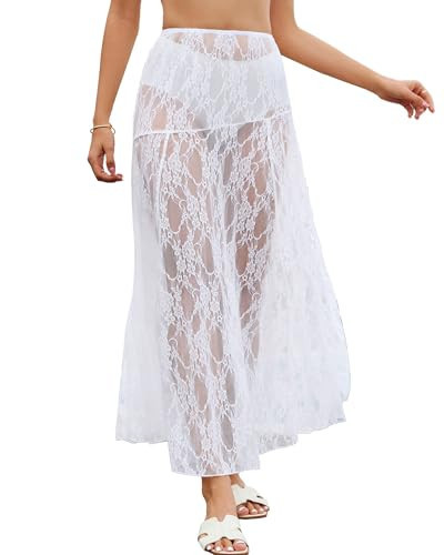 Bsubseach Lace Skirts for Women Elastic High Waist Maxi Skirt Sheer Floral A-Line Long Skirt White L | Amazon (US)