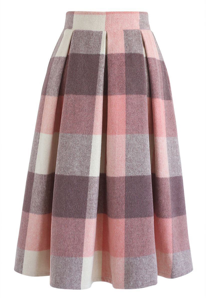Greatest Embrace Check Wool-Blend Midi Skirt in Pink | Chicwish