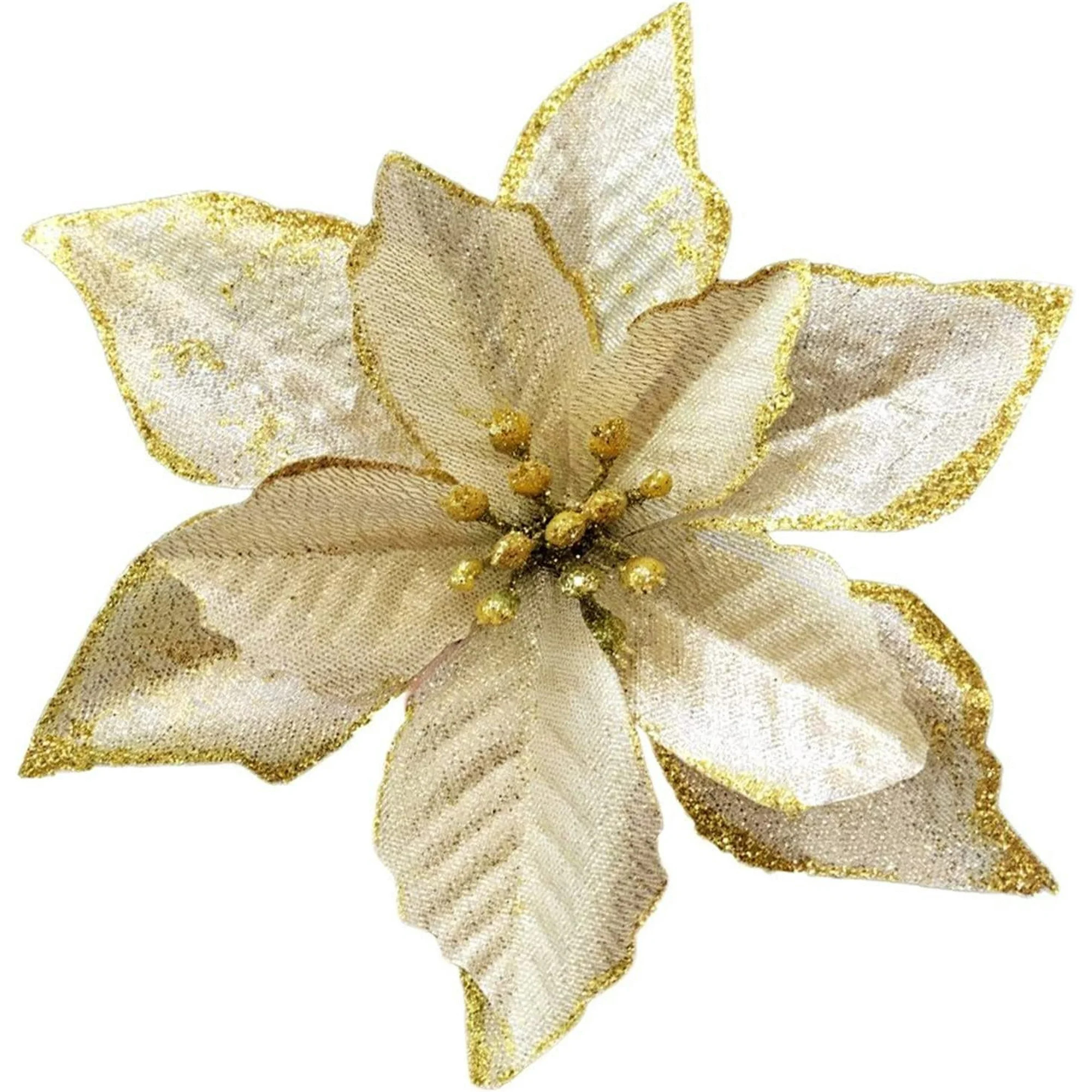 12 Pack Gold Xmas Glitter Poinsettia 5.1 inch Artificial Flowers Christmas Tree Decorations Clear... | Walmart (US)