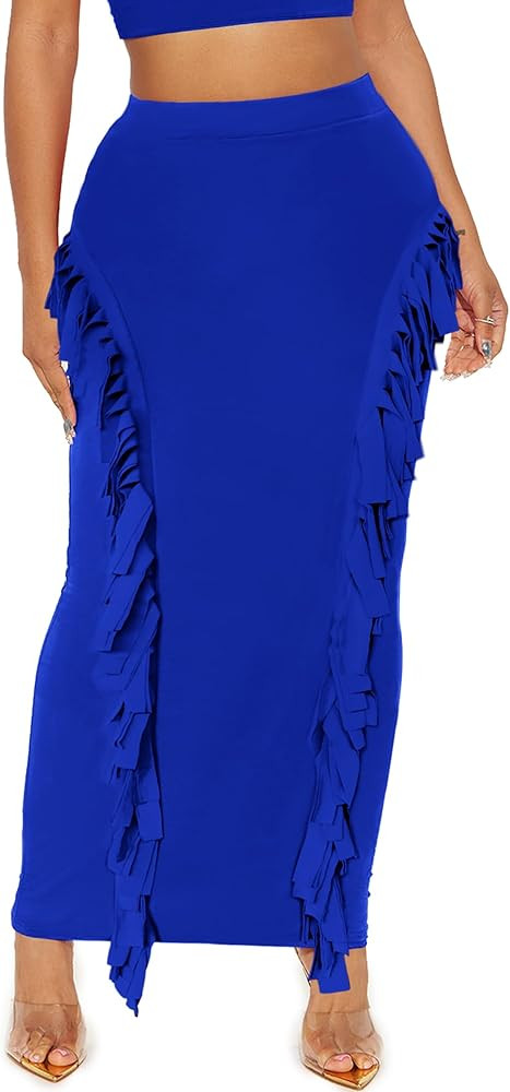 Women's Fringe Skirt Side Tassel Elastic High Waisted Pencil Long Maxi Skirts Bodycon | Amazon (US)