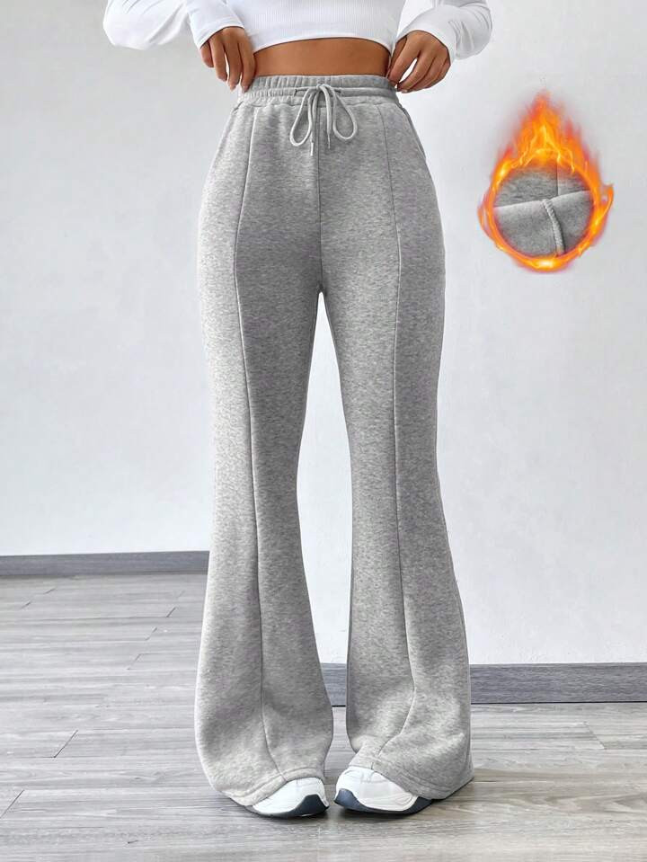 Pantalones Acampanados Con Forro Polar De Color Liso Con Cordón En La Cintura | SHEIN