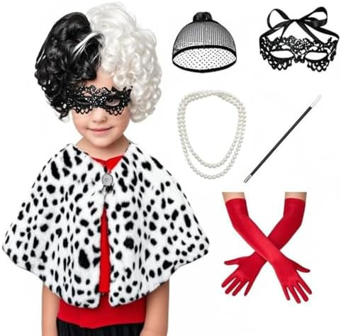 Kids Dalmatian Costume for Girls Black White Shawl Wig Necklace 8pcs Set Halloween Cosplay | Amazon (US)