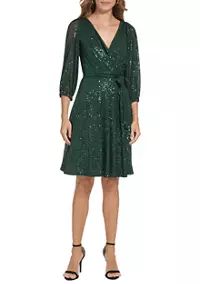 DKNY Women's Long Sleeve Surplice All Over Sequin Fit and Flare Dress | Belk