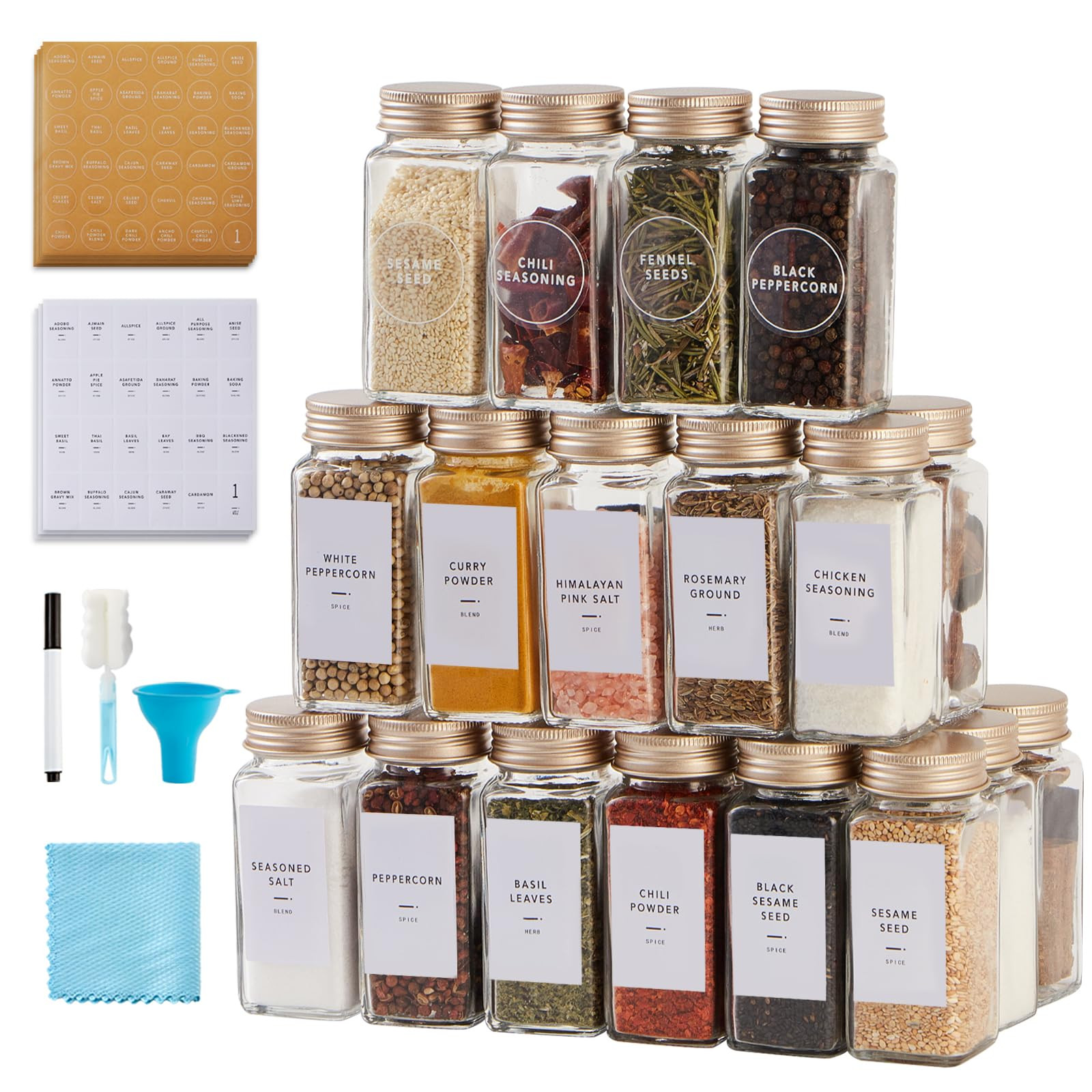 25 Pcs Spice Jars with Label- Glass Spice Jars with Gold Metal Caps,Shaker Lids, Funnel, Chalk Pe... | Amazon (US)