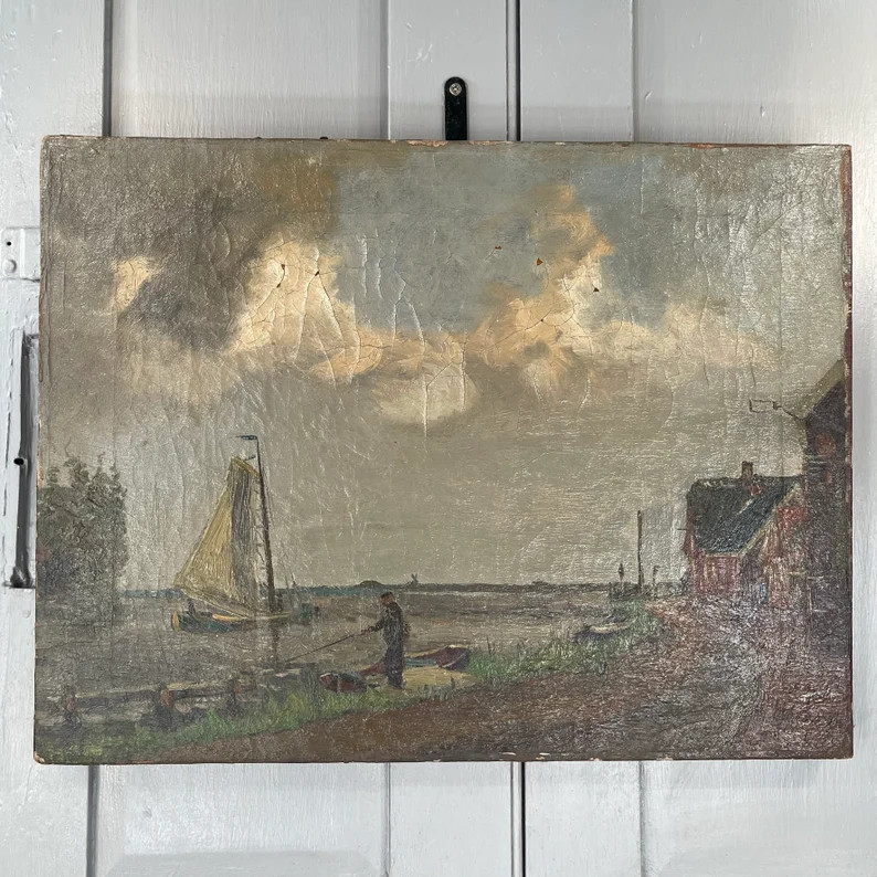 Antique Dutch Coastal Landscape Oil Painting of Fishermen | Etsy | Etsy (US)