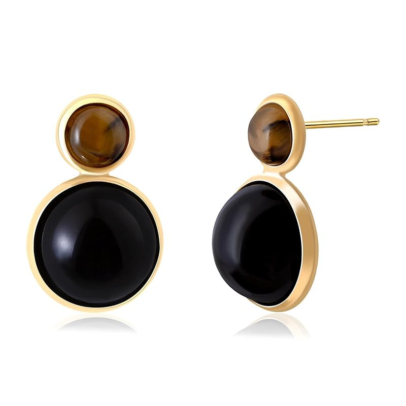 Gold Natural Tiger Eye Stone Obsidian Stud Earrings Double Round Earrrings for Women Brown and Bl... | Amazon (US)