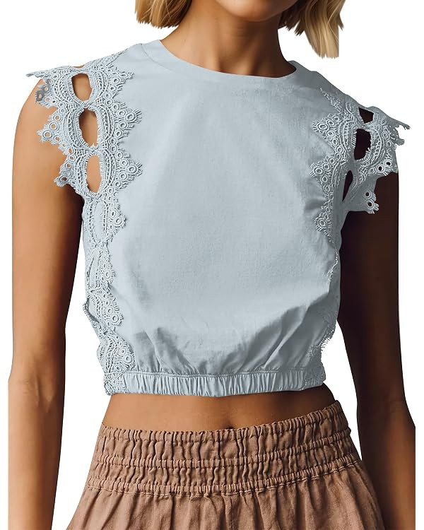 Ythomm Womens Lace Trim Cutout Bubble Tops Crew Neck Eyelet Crop Tank Tops Trendy Hollow Out Boho... | Amazon (US)