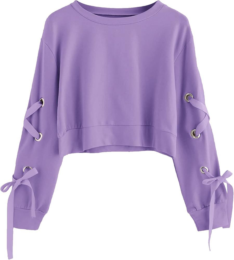 SweatyRocks Women's Casual Lace Up Long Sleeve Pullover Crop Top Sweatshirt | Amazon (US)