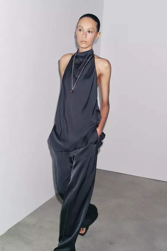 ZW COLLECTION SATIN HALTER TOP Petrol blue Black | Zara UK