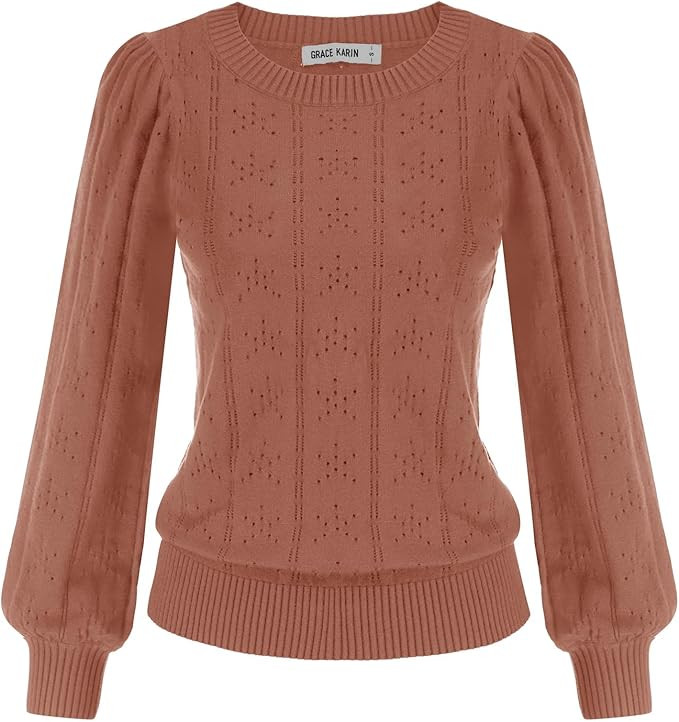 GRACE KARIN Women's Long Lantern Sleeve Crew Neck Crochet Top Hollow Out Fall Pullover Sweater | Amazon (US)