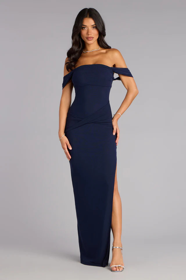 Kara Mesh Off-The-Shoulder Slit Formal Dress | Windsor Stores