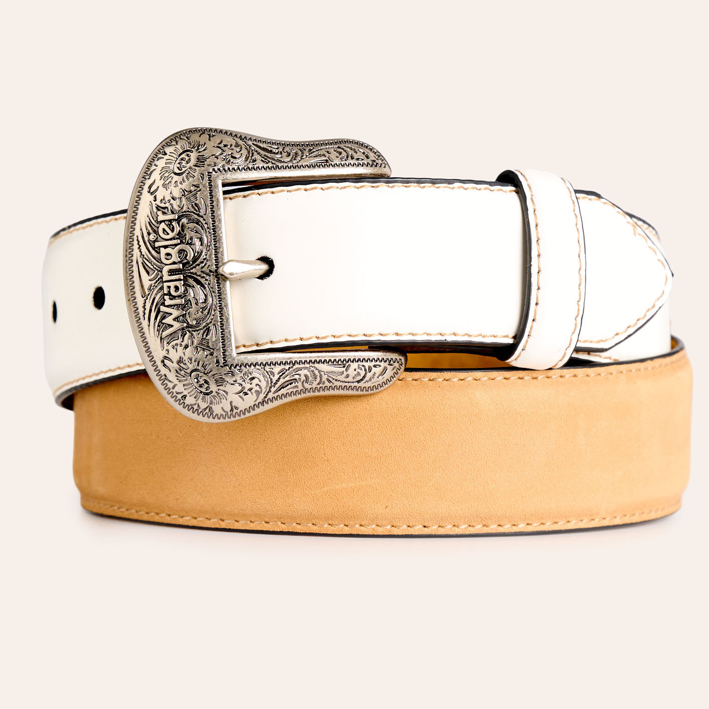 Wrangler Women's Tan & White Boot Stitch Silver Logo Buckle Belt - L - From Cavender's | Cavender's