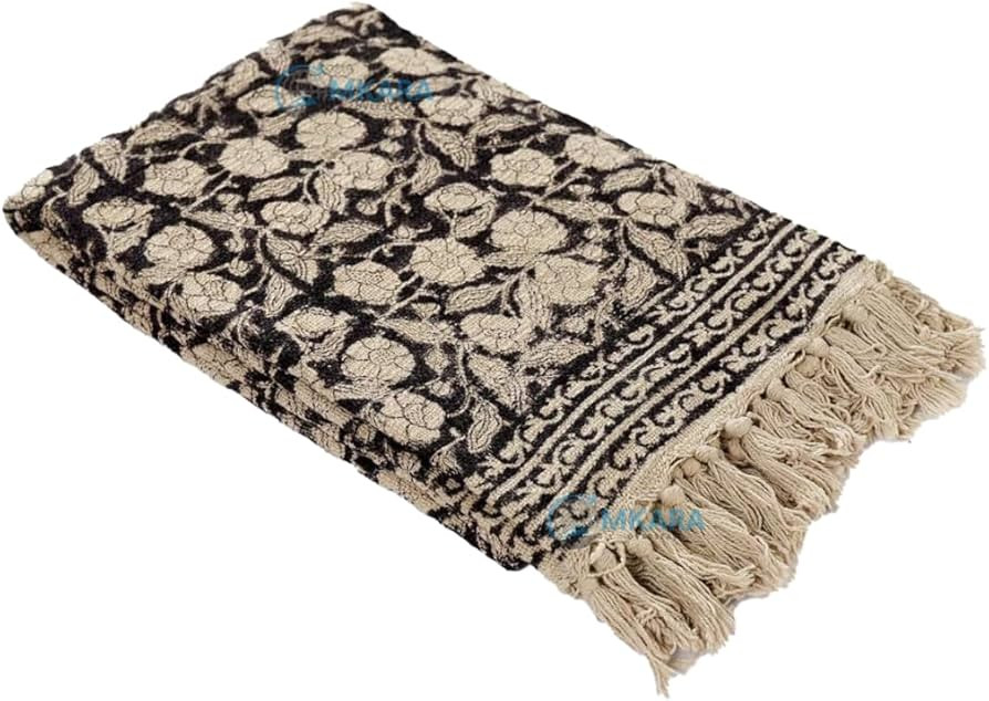 OMKARA OVERSEAS Floral Block Print Throw Blanket with Tassels, Black and Beige, Cotton Traditiona... | Amazon (US)