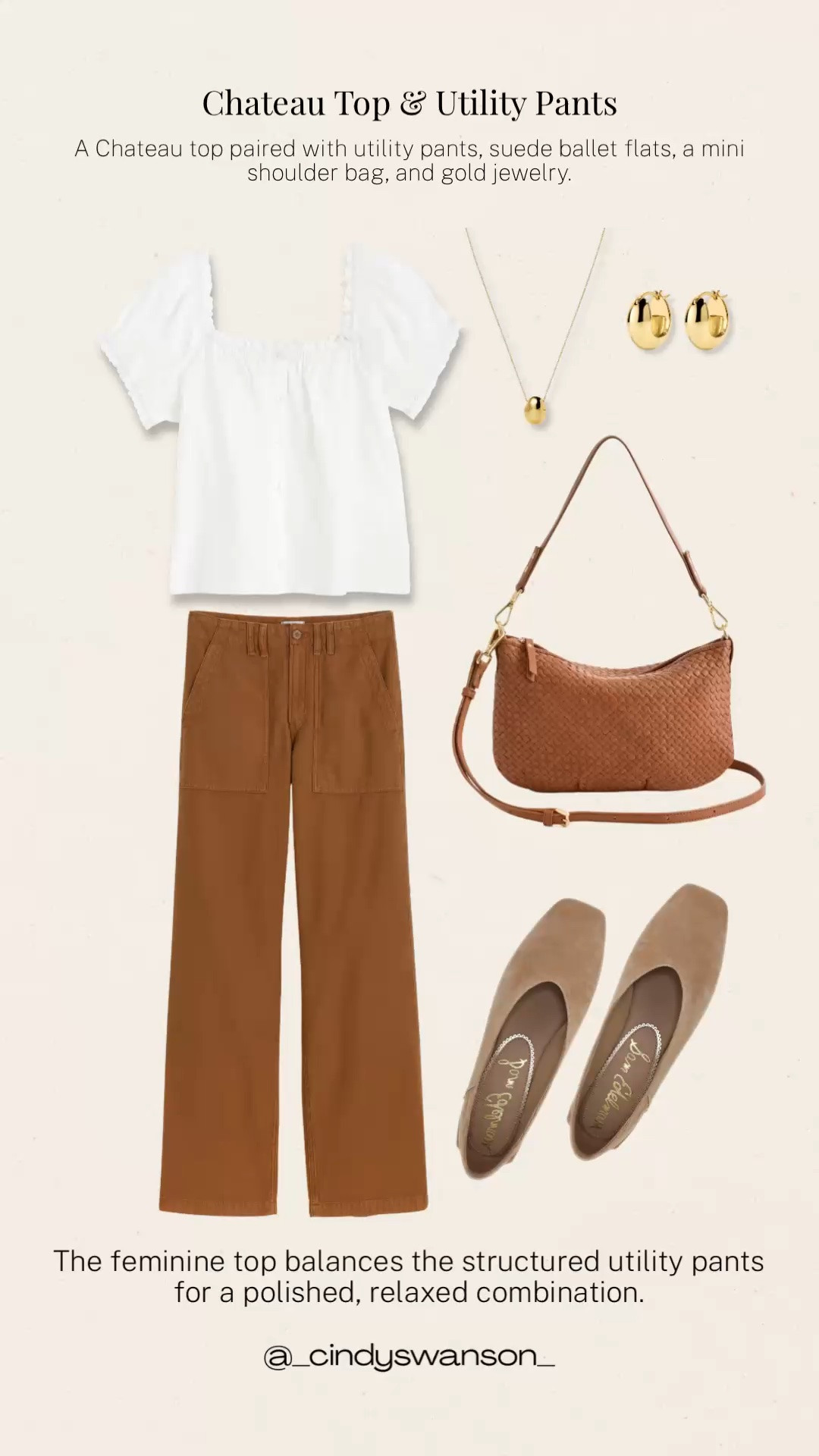 A feminine Chateau top is such a pretty contrast to structured utility pants. I love the off-the-shoulder neckline with the warm brown pants, suede ballet flats, woven shoulder bag, and simple gold jewelry for a relaxed look that still feels polished and pulled together.

💡 LTK MADE EASY
❤️ Heart = Support my posts!
🔖 Save = Get sale & restock alerts
📋 Lists = Keep favorites organized
📲 Share = Send lists and products to a friend. Hello, Christmas List!
💬 Comment = Ask me anything about what I’m wearing. :-)

#LTKootd #LTKOver40 #LTKTravel