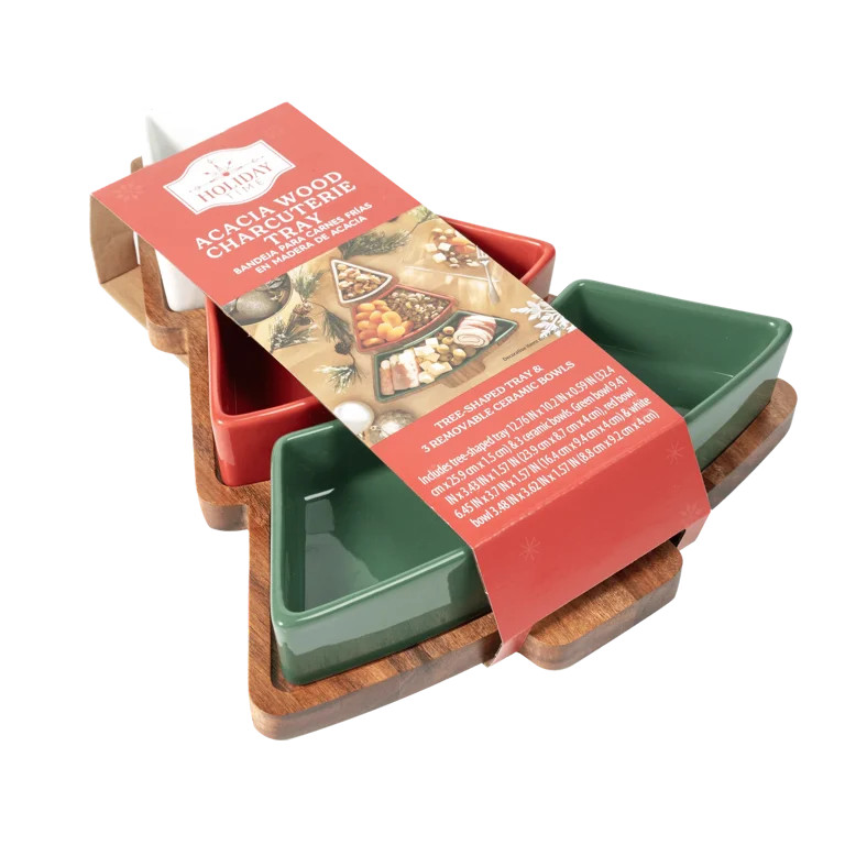Holiday Time Acacia Wood Christmas Tree Charcuterie Tray with Ceramic Bowls, 12.76 x 10.2 x 2.05 ... | Walmart (US)