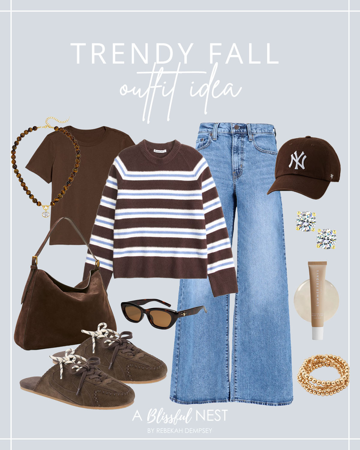 Trending fall outfit ideas that are equal parts cozy and chic. Shop now!

Tiger's eye beaded necklace, brown t-shirt, striped crew sweater, wide leg jeans, NY baseball cap, diamond stud earrings, suede shoulder bag, tortoise sunglasses, suede lace up slippers, Summer Fridays lip balm, and gold bead bracelet set. 

 #LTKootd #LTKSeasonal #LTKMidsize