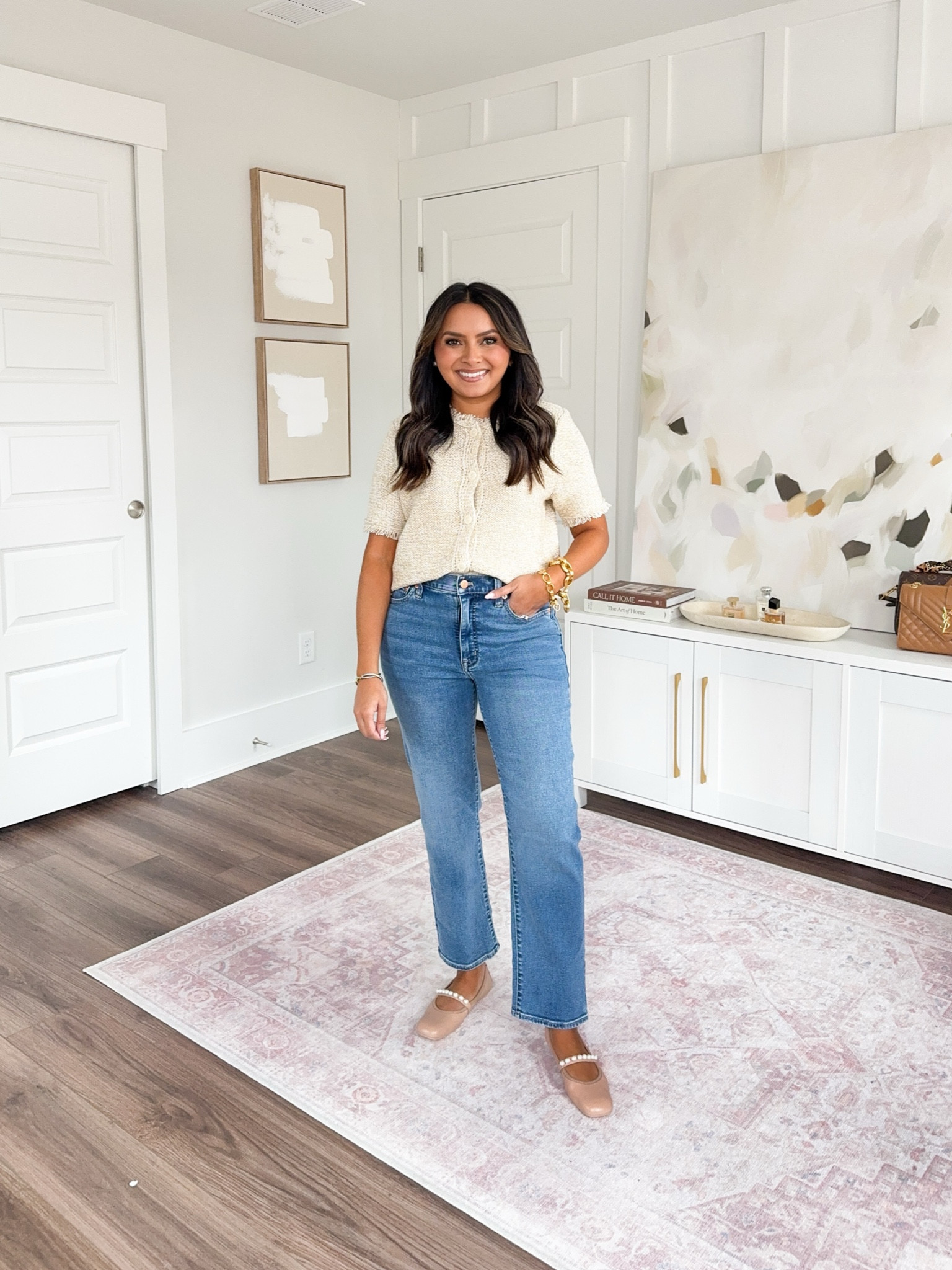 Tan sweater top size xs - TTS - I sized up a size to button it but I could have done the xxs for a more fitted style
Blue jeans in color deep lake wash size 26 petite TTS
Pearl flats size 5 TTS


#LTKSaleAlert #LTKPetite #LTKStyleTip