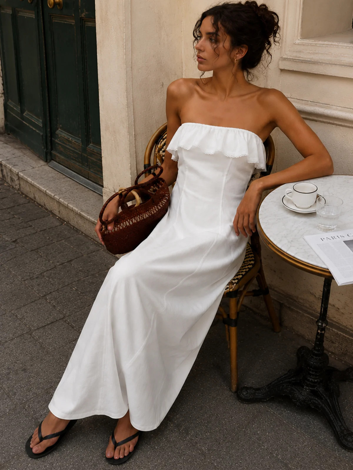 Detachable Straps Ruffled Trim Cotton Midi Dress | Commense