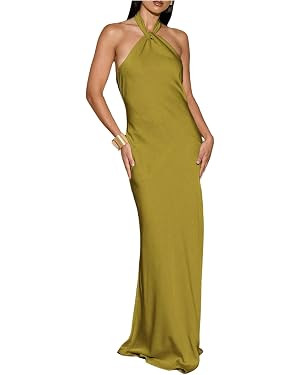 OYOANGLE Women's Satin Halter Maxi Dress Open Back Sleeveless Bodycon Evening Party Cocktail Wedd... | Amazon (US)