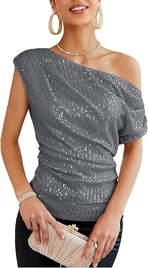GRACE KARIN One Shoulder Sequin Sparkly Tops for Women Ruched Asymmetrical Glitter Tops Slimming ... | Amazon (US)