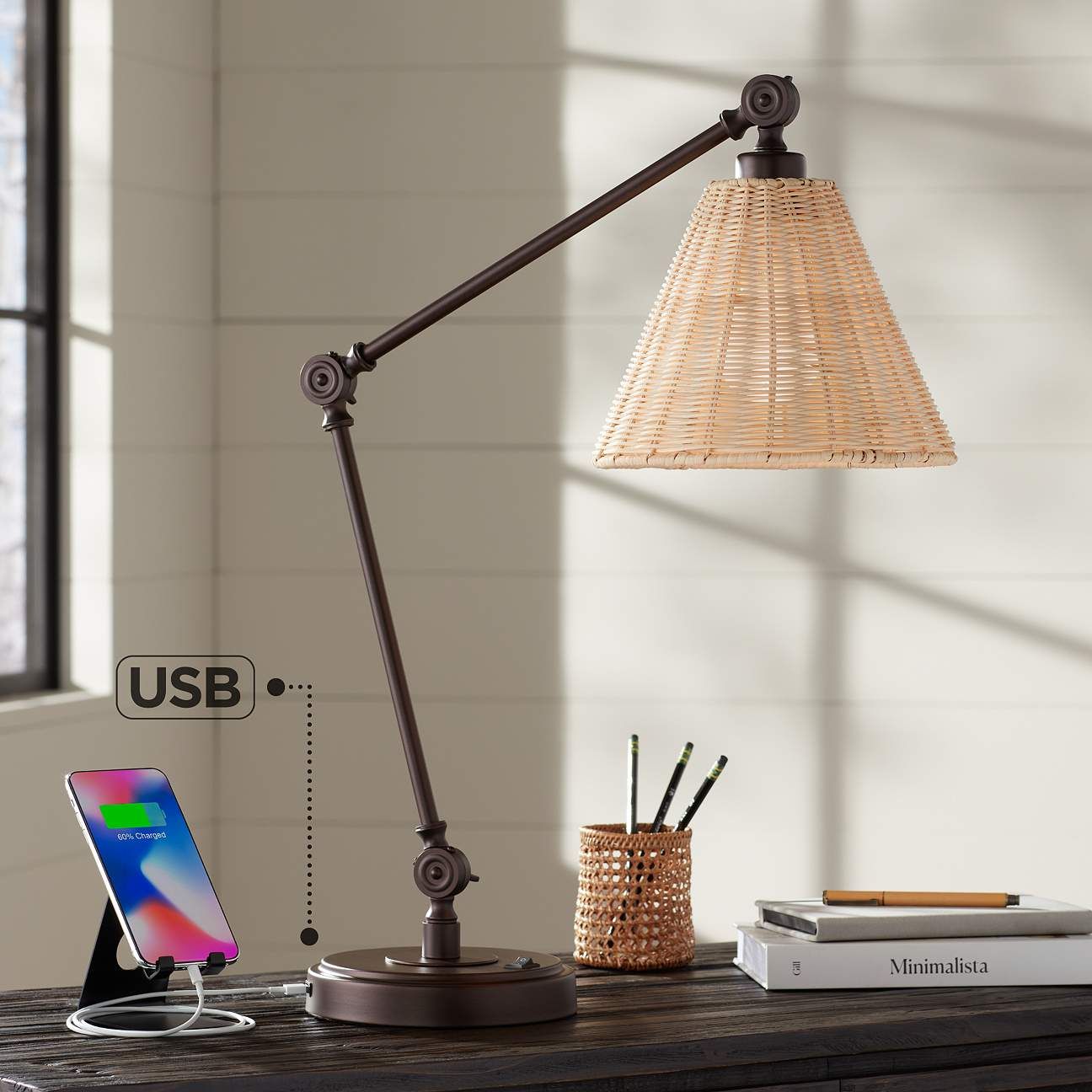 Rowlett Rattan Shade Desk Lamp with USB Port | Lamps Plus