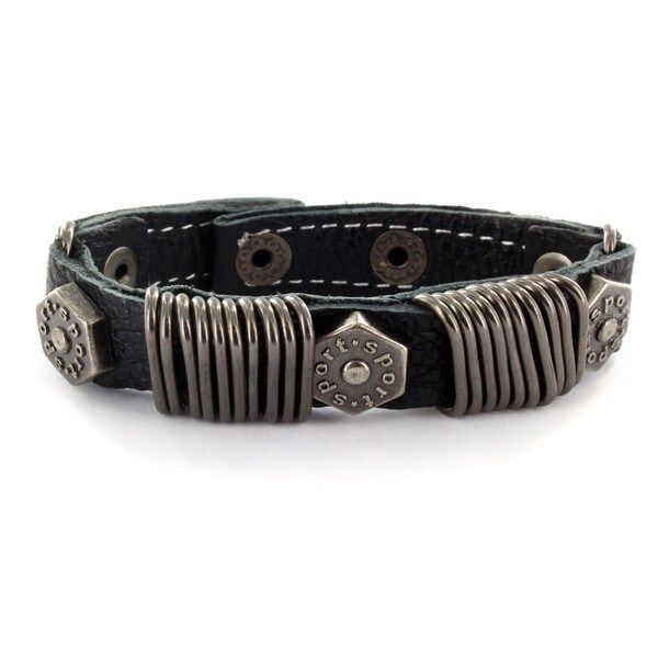 Black Leather Metal Ring and Bolt Head Bracelet | Bed Bath & Beyond