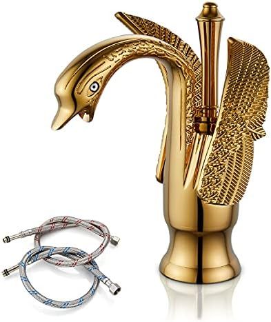 Cinwiny Swan Faucet Bathroom Sink Faucet Polished Gold Swan Shaped Single Handle One Hole Lavatory B | Amazon (US)