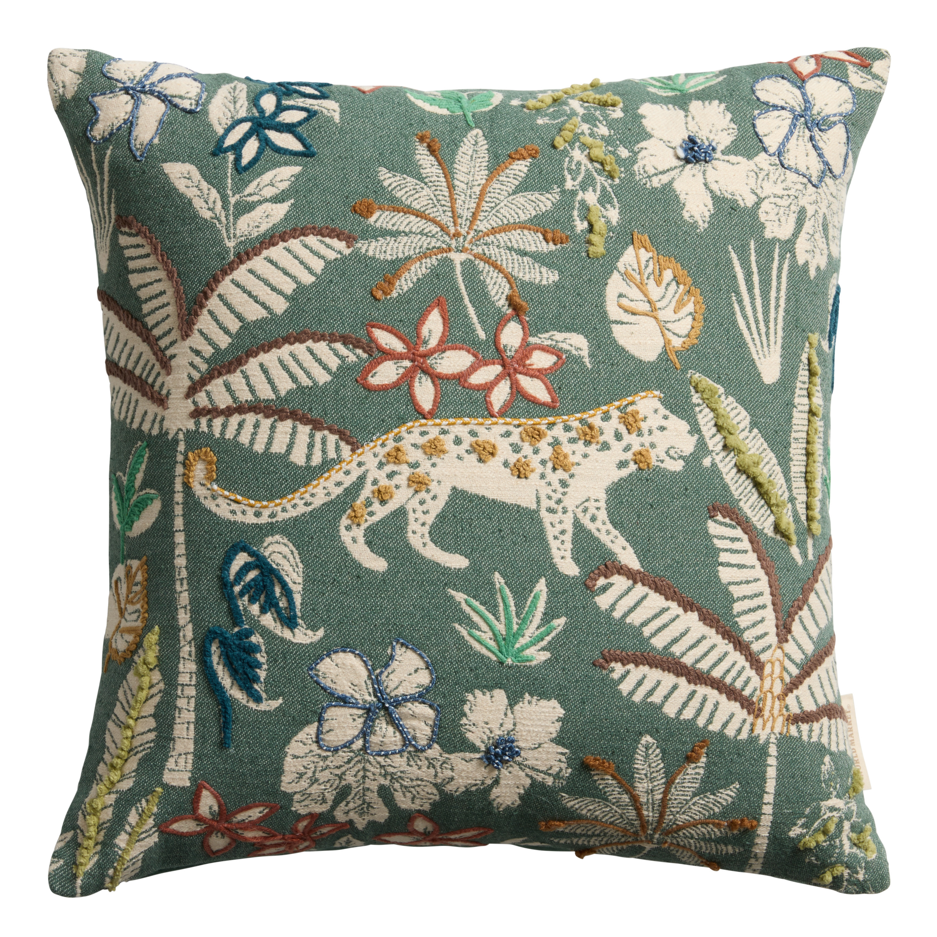 Dark Teal Jungle Jacquard Embroidered Throw Pillow | World Market