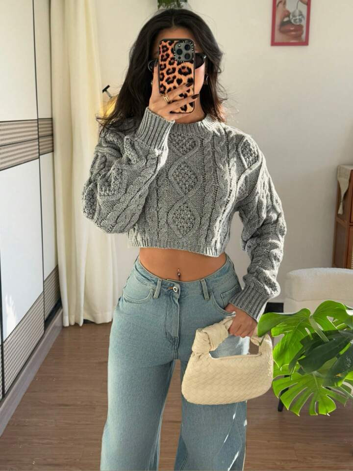 SHEIN Relaxiva Loose Crew Neck Long Sleeve Cable Knit Warm Cropped Pullover Gray Sweater For Wome... | SHEIN