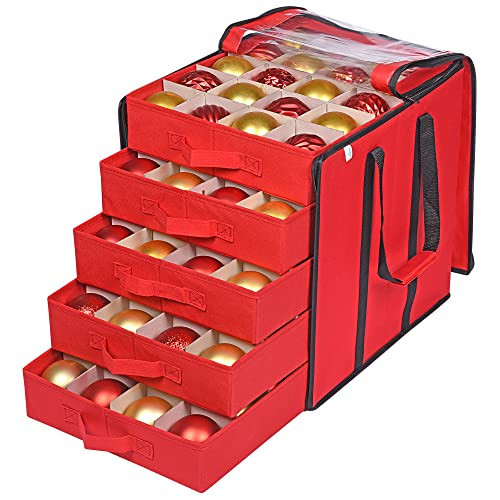 ProPik Christmas Ornament Storage Boxes with Dividers - 5 Separate Trays - Ornament Holder - Keeps 100 Holiday Ornaments - Durable Carrying Bag Handles Organizer Storage Box (Red) | Amazon (US)