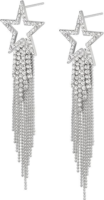EVER FAITH Star Tassel Earrings for Women Girls, Rhinestone Crystal Long Waterfall Beaded Fringe ... | Amazon (US)