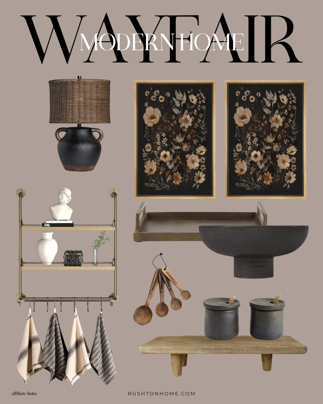 I love these pieces for an earthy, well designed kitchen! And this flower print is my new favorite!! I've been loving these @wayfair home finds! This inspiration pulls together a vibe that feels antique, european, earthy and yet still modern.

Home decor, home design, interior design, furniture, console table, accent chairs, vases, candlesticks, bench, cabinet, sideboard, dining table, art print, flower print, gothic dark art print, black lamp, open shelves, brass and wood shelves, brass tray, wood riser, pedestal bowl, copper teaspoon set, kitchen decor, luxe design
 

 

#LTKWatchNow #LTKHome #LTKSaleAlert