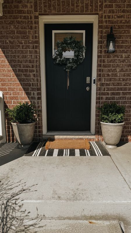 Front porch, boxwoods, outdoor planter, pot, door mat, wreath 

#LTKSeasonal #LTKhome