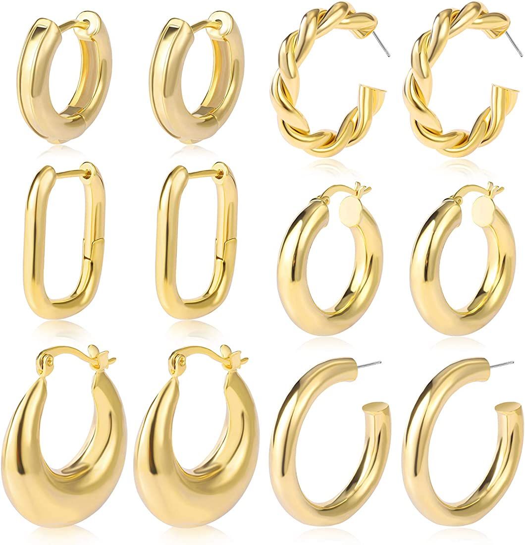 6 Pairs Gold Chunky Hoop Earrings Set for Women Hypoallergenic Thick Open Twisted Huggie Hoop Jewelr | Amazon (US)