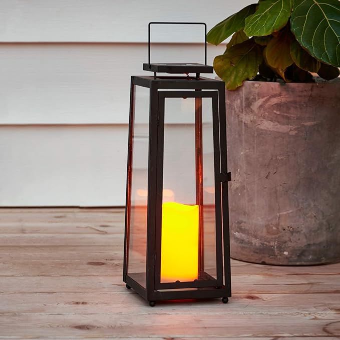 LampLust Outdoor Solar Lantern with Flameless Candle - 15 Inch Tall, Black Metal & Glass, Dusk to... | Amazon (US)