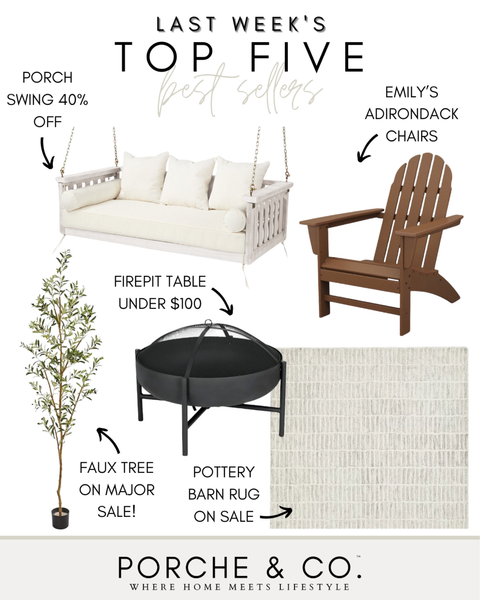 Best sellers, weekly top sellers, Ballard designs porch swing, pottery barn rug, Adirondack chairs, faux olive tree on sale, fire pit table 

#LTKSeasonal #LTKHome #LTKSaleAlert
