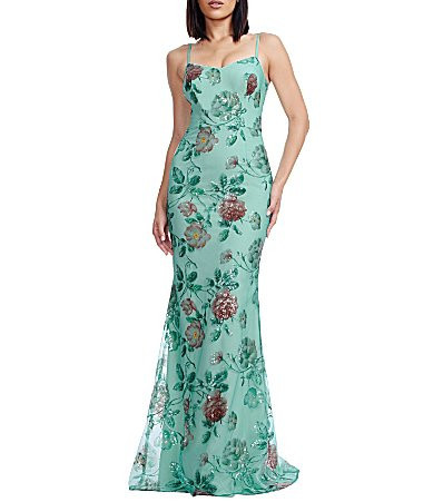 Dress the Population Giovanna V-Neck Sleeveless Floral Sequin Sheath Gown - L | Dillard's