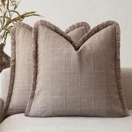 Foindtower Set of 2 Decorative Linen Check Fringe Throw Pillow Covers Farmhouse Vintage Cushion C... | Amazon (US)