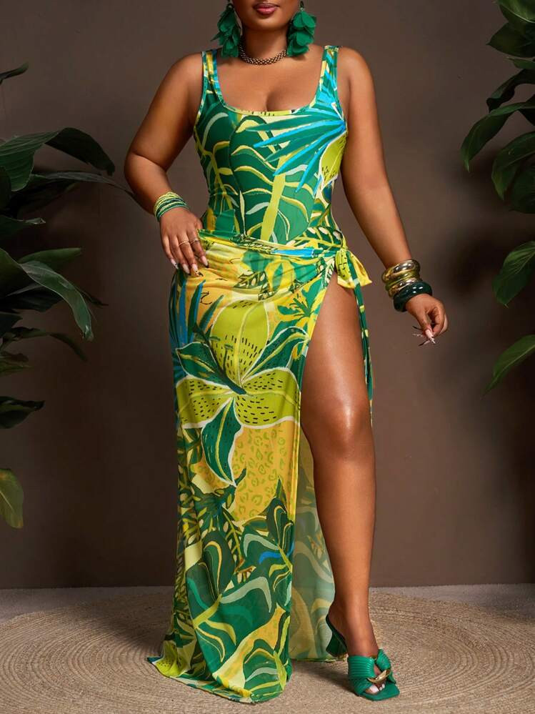 Slaydiva Plus Size Women Tropical Print Bodysuit With Skirt 2 Pieces Sets, Beach Holiday | SHEIN