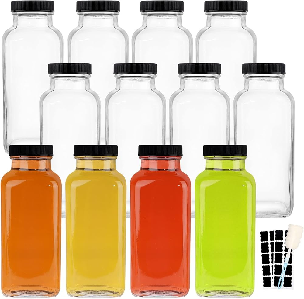 12 OZ Glass Drink Bottles, Set of 12 Vintage Glass Water Bottles with Lids, Great for storing Jui... | Amazon (US)