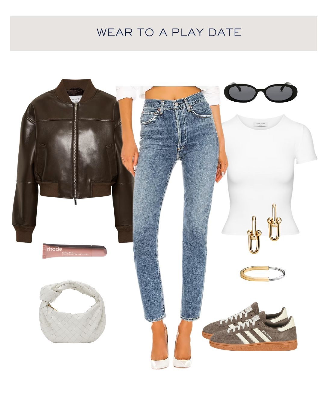 What to wear to a play date 🤍 

Cool mom, outfit idea, play date outfit, adidas, trainers, running shoes, leather jacket, leather bomber, cropped leather jacket, ootd 