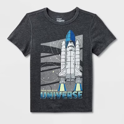 Kids' Adaptive Short Sleeve 'Spaceship' Graphic T-Shirt - Cat & Jack™ Black M: Sensory Friendly, Ease of Dressing, Cotton Blend | Target
