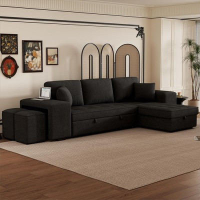 104" Pull Out Sleeper Sofa, Reversible L-Shape Sectional Couch with Storage Chaise and 2 Stools, Charcoal Gray-ModernLuxe | Target