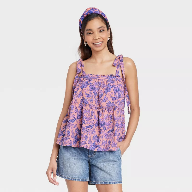 Women's Tie-Strap Tiered Tank Top - Universal Thread™ Pink Floral | Target