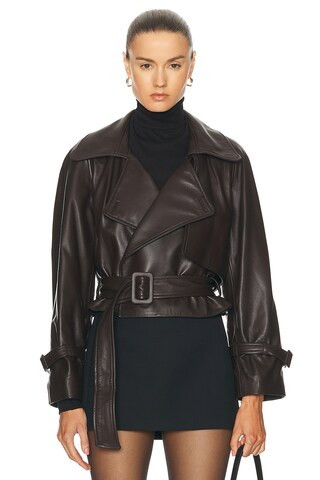 NOUR HAMMOUR Hatti Belted Cropped Leather Jacket in Brown | FWRD 