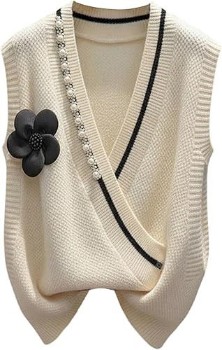 RoseSeek Women's 3 D Floral Pearl Sweater Vest V Neck Sleeveless Knit Vest Elegant Tops | Amazon (US)